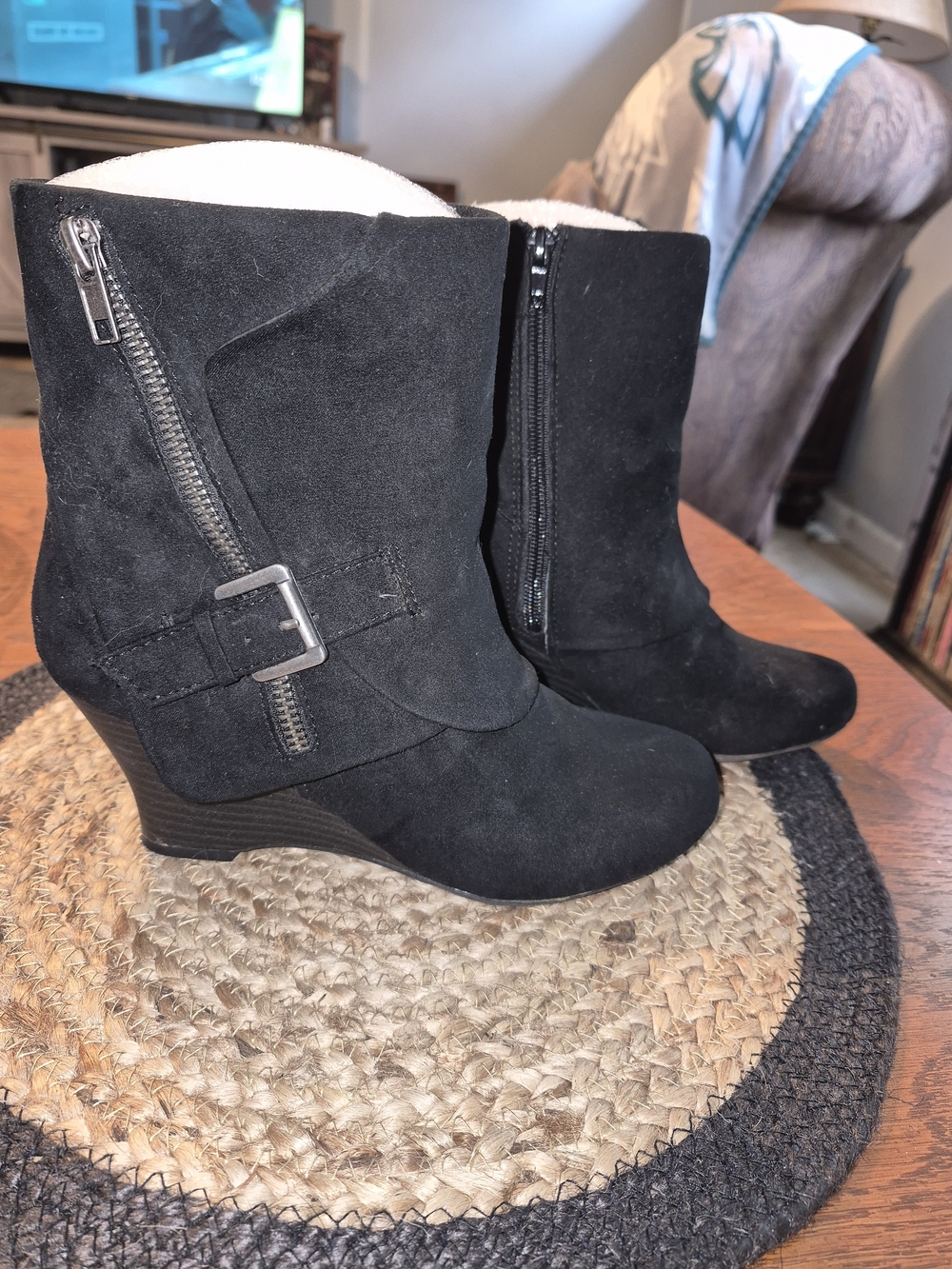 UNIONBAY Black Suede Wedge Ankle Boots with Buckle & Zipper
